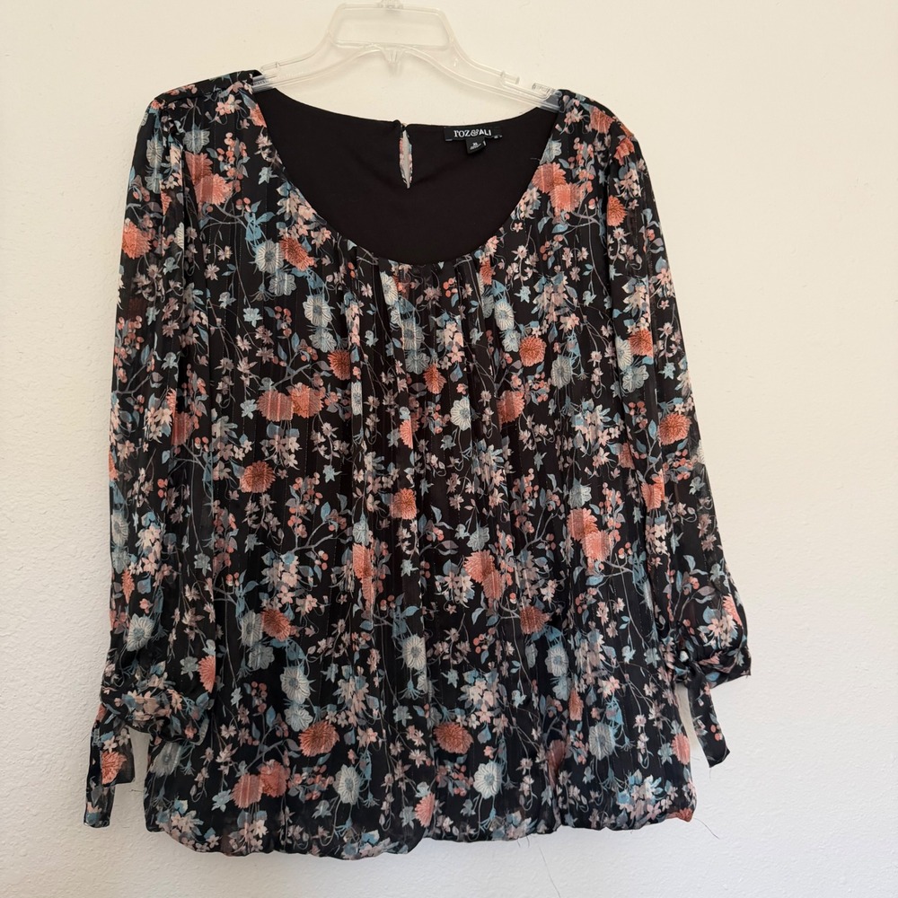 Roz & Ali Floral Lurex Shimmer Blouse Womens XL Black Long Sleeve Tie Cuff 3798